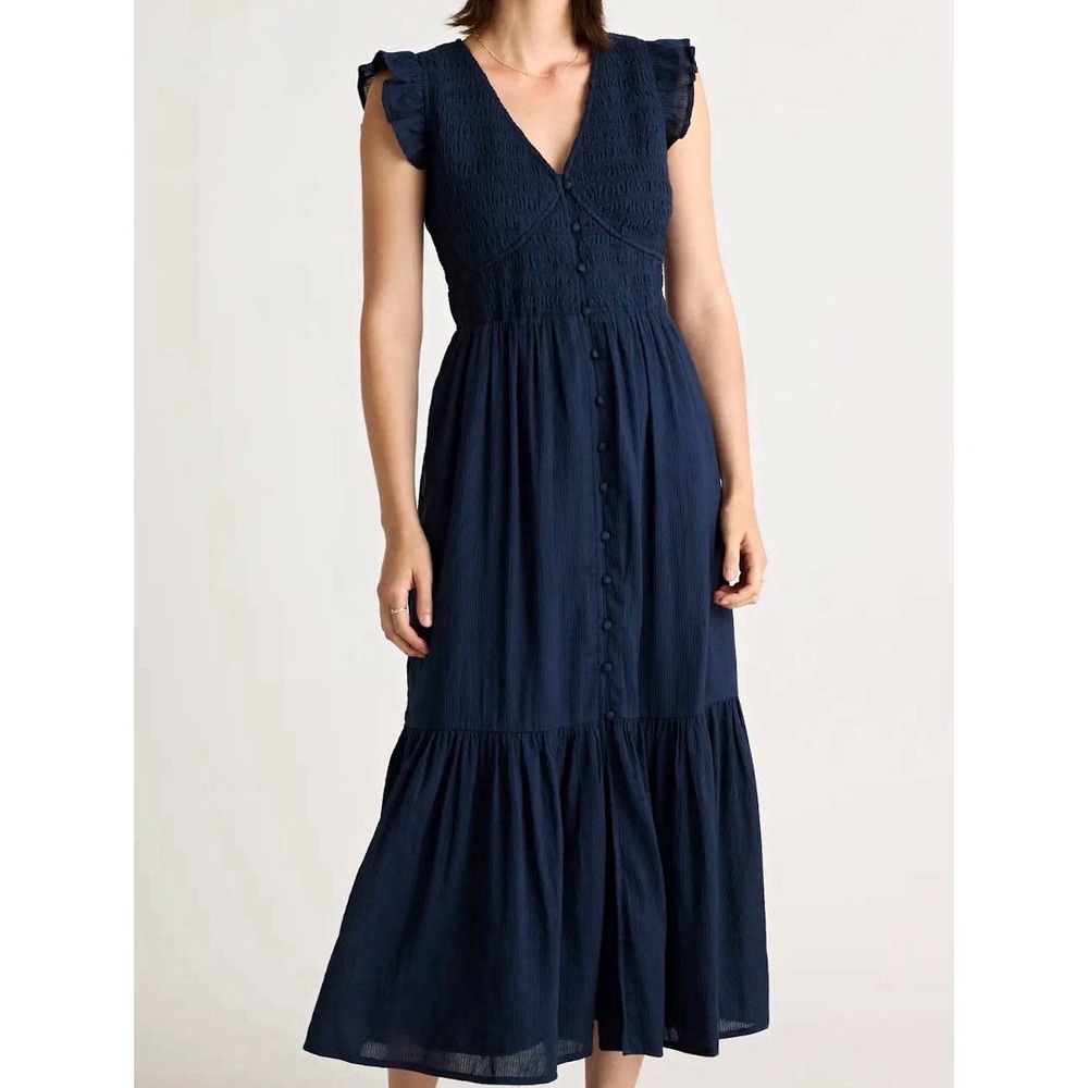 Quince Navy Smocked Maxi Dress Ruffle Sleeve Button Front Cottagecore Prairie